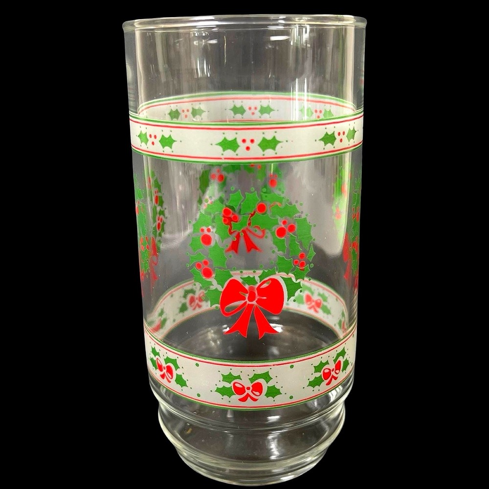 Vintage Libbey Christmas Wreath Glass Tumbler Clear Red Green Holly Bow Holiday